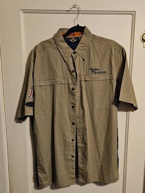Harley-Davidson Men’s Short-Sleeve Button-Up Shirt — Tan with Black Accents